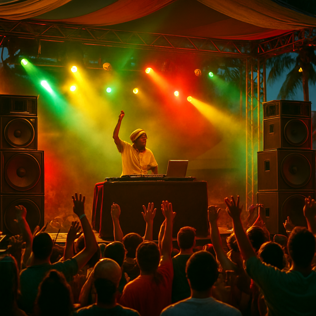 A DJ performing on an outdoor festival stage with a sound system and a lively crowd