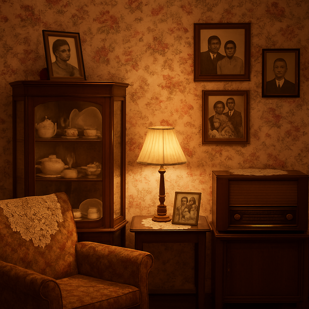 A recreated vintage Caribbean-British front room exhibition with family photos and a glass display cabinet